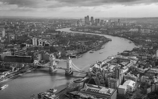 Aerial view of London, black and white photo