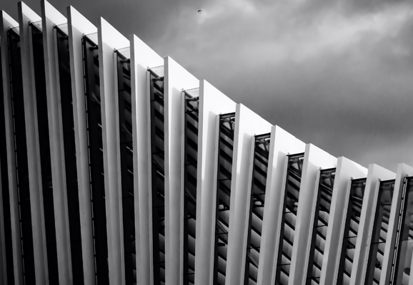 Black and white photo of a building from the bottom view