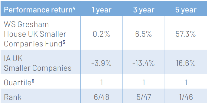 WS Gresham House UK Smaller Companies Fund - Five-year review (performance return)
