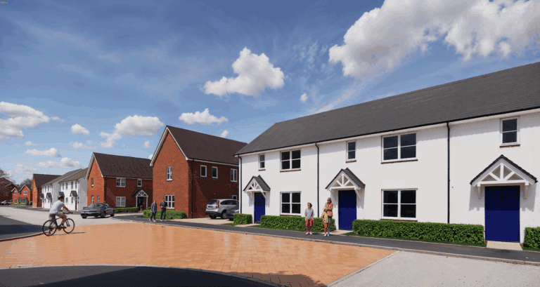 Contemporary residential housing development by Gresham House, featuring modern townhouses with vibrant blue doors and lush greenery, under a bright blue sky, showcasing sustainable property investment.