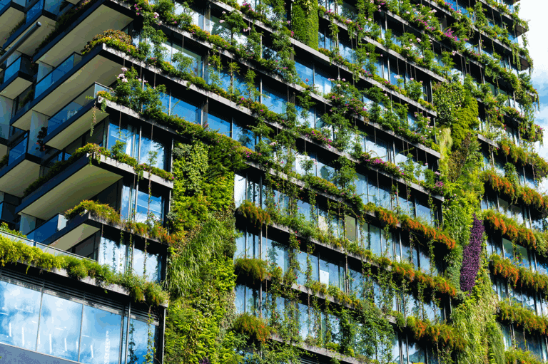 Sustainable green office building with vertical gardens and glass facade, promoting eco-friendly architecture and urban greenery in city environments.
